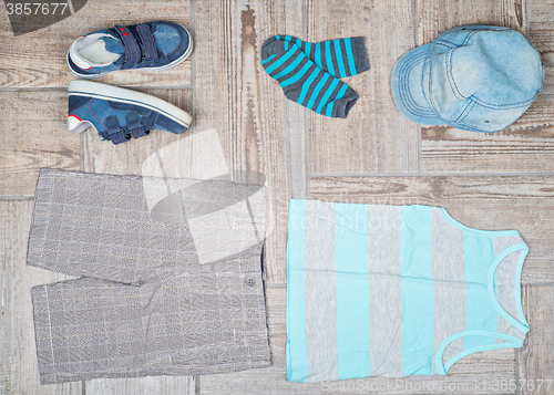 Image of Flat lay photography of boy\'s casual outfit. 