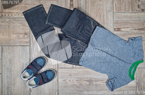 Image of Flat lay photo of boy\'s casual outfit. 