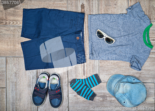 Image of Flat lay photography of boy\'s casual outfit. 