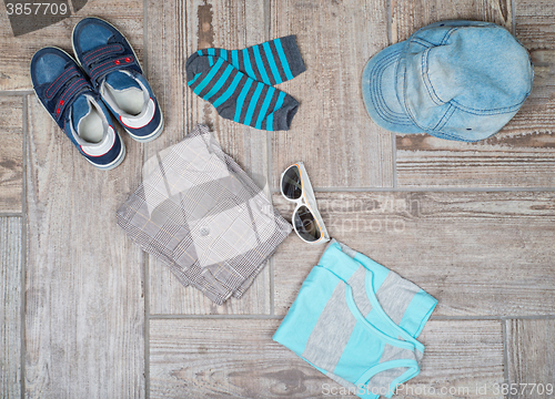 Image of Flat lay photography of male casual outfit. 