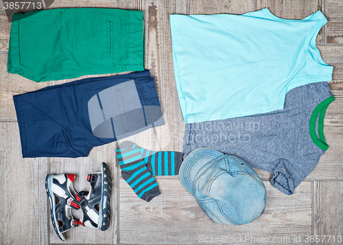 Image of Flat lay photography of kid\'s casual outfits. 