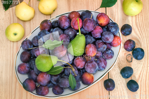 Image of Fruit in a ceramic dish on a wooden table.