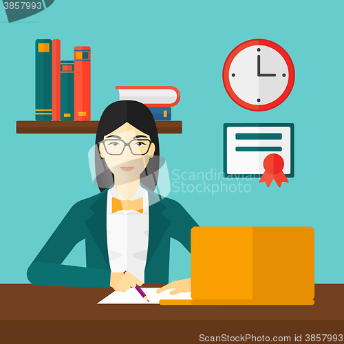 Image of Woman using laptop for education.