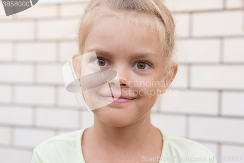 Image of Portrait of a smiling girl six years against a background of a brick wall