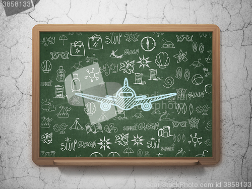 Image of Travel concept: Aircraft on School board background