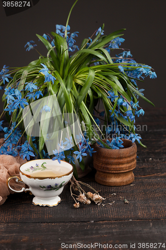 Image of Tea with  lemon and bouquet of  blue primroses on the table