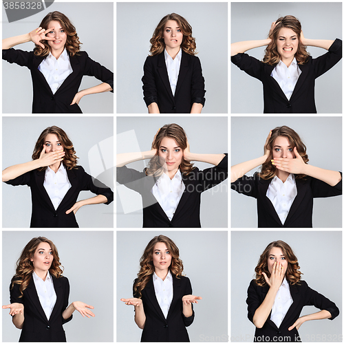 Image of The  collage of young woman\'s portraites with happy emotions