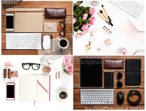 Image of The male and female design mockups on wooden background