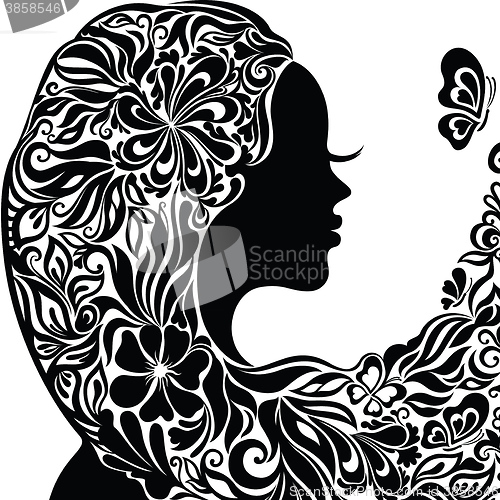 Image of Fashion line art silhouette of a young woman with flowers in her hair