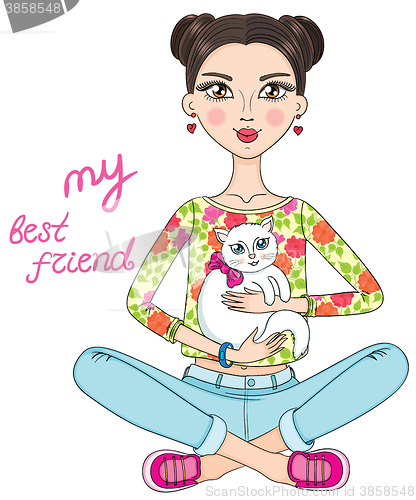 Image of Beautiful cute vector girl with white cat