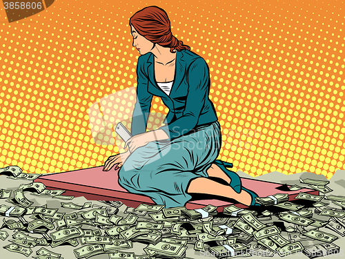 Image of businesswoman mermaid sitting on money