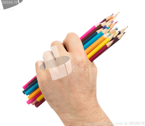 Image of Used pencils in hand isolated