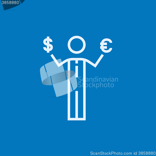 Image of Businessman holding Euro and US dollar line icon.