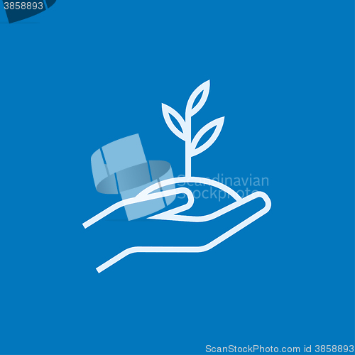 Image of Hands holding seedling in soil line icon.