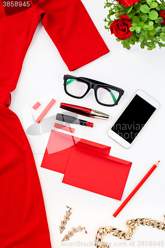 Image of Still life of fashion woman, objects on white