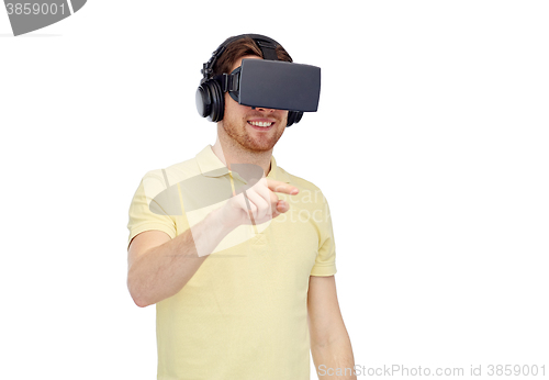 Image of happy man in virtual reality headset or 3d glasses