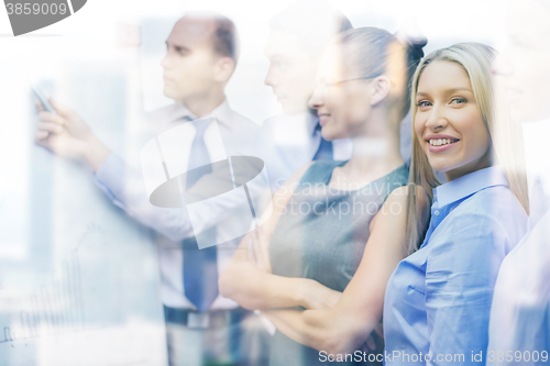 Image of business team with flip board having discussion