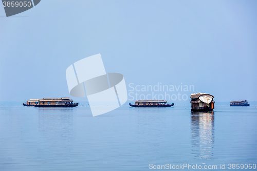 Image of Houseboats in lake. Kerala, India