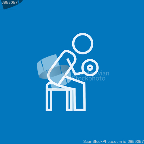 Image of Man exercising with dumbbells line icon.