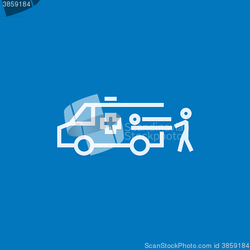 Image of Man with patient and ambulance car line icon.