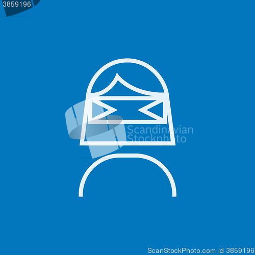 Image of Woman wearing virtual reality headset line icon.