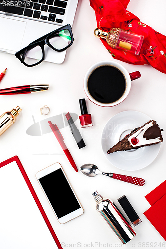 Image of Still life of fashion woman, objects on white