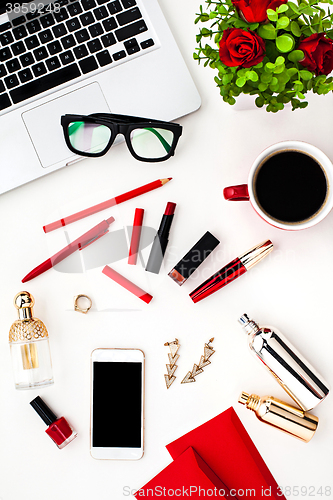 Image of Still life of fashion woman, objects on white