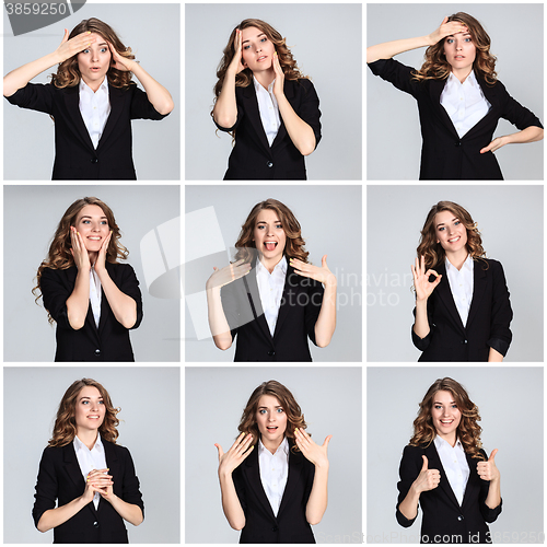 Image of The  collage of young woman\'s portraites with happy emotions