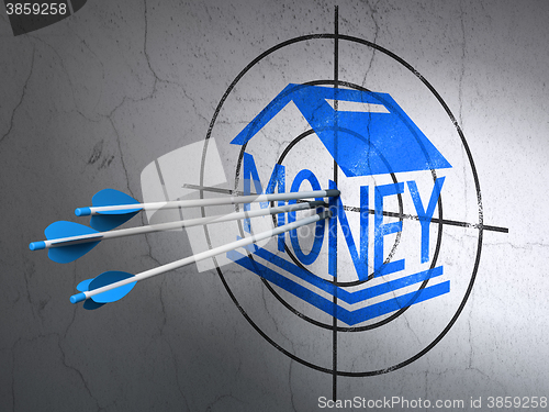 Image of Money concept: arrows in Money Box target on wall background