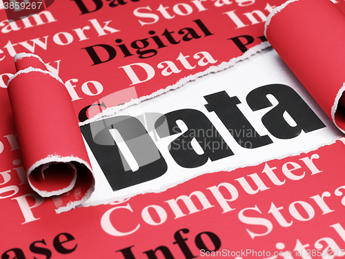 Image of Information concept: black text Data under the piece of  torn paper