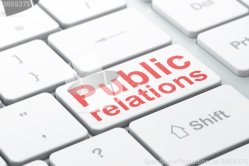 Image of Advertising concept: Public Relations on computer keyboard background
