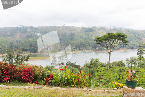 Image of view to lake or river from land hills on Sri Lanka