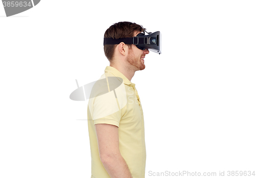 Image of happy man in virtual reality headset or 3d glasses