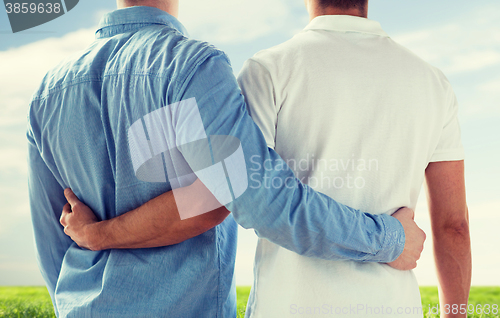 Image of close up of happy male gay couple hugging