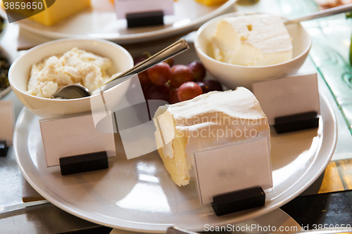 Image of close up of cheese on showcase at cafe