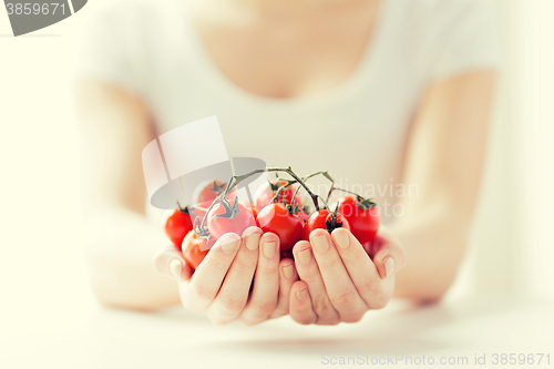 Image of close up of woman hands holding cherry tomatoes