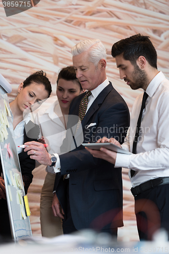 Image of business people group brainstorming and taking notes to flipboar