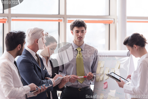 Image of young startup businessman making presentation to senior investio