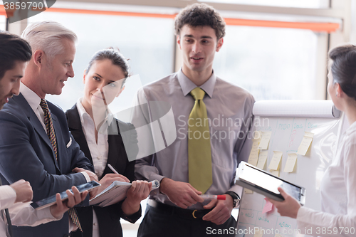 Image of young startup businessman making presentation to senior investio