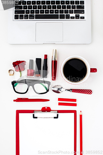 Image of Still life of fashion woman, objects on white