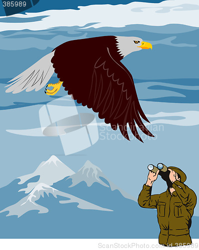 Image of Eagle flying and a bird watcher
