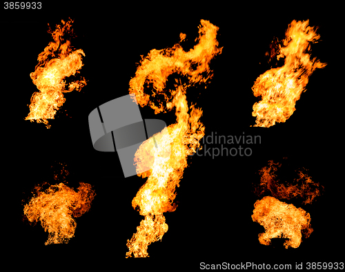 Image of Collection of gas flare spurts of fire raging flame