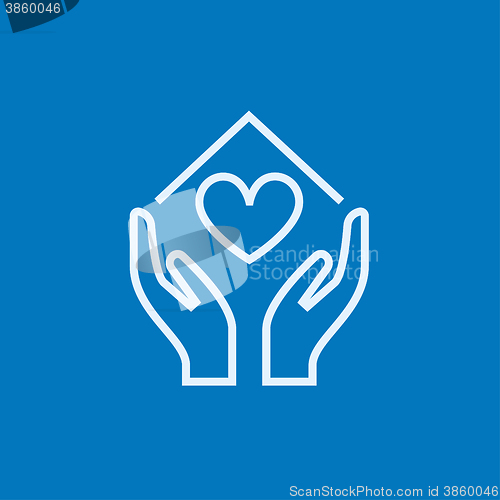 Image of Hands holding house symbol with heart shape line icon.