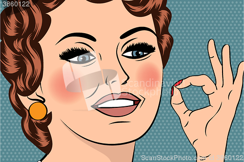 Image of pop art cute retro woman in comics style with OK sign