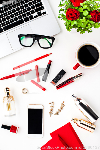 Image of Still life of fashion woman, objects on white