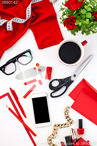 Image of Still life of fashion woman, objects on white