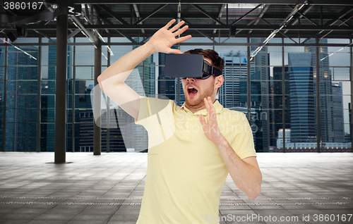 Image of man in virtual reality headset or 3d glasses