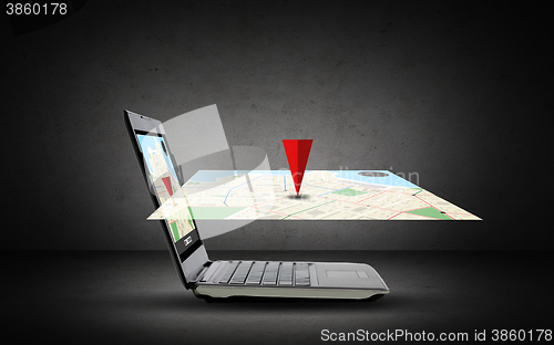 Image of laptop computer with gps navigator map on screen