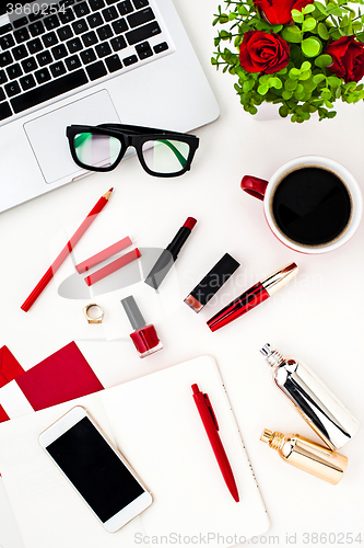 Image of Still life of fashion woman, objects on white