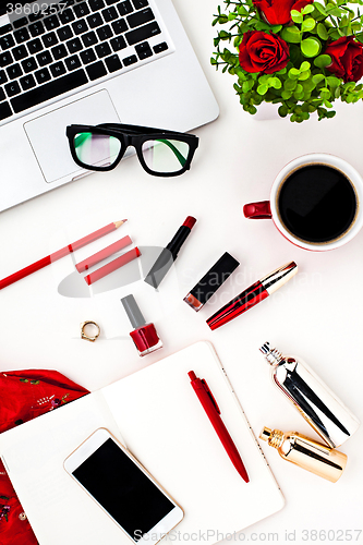 Image of Still life of fashion woman, objects on white